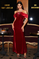Load image into Gallery viewer, Tove Off Shoulder Velvet Maxi Dress - Red