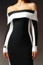 Load image into Gallery viewer, Mattey Off-The-Shoulder Long Sleeves Stripes Bandage Midi Dress