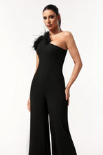 Load image into Gallery viewer, Ueza One Shoulder Sleeveless Feather Maxi Jumpsuit