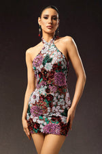 Load image into Gallery viewer, Polasa Halter Sleeveless Sequins Flower Mini Dress