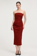 Load image into Gallery viewer, Ruched Strapless Crepe Midi Dress