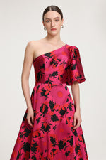 Load image into Gallery viewer, Floral-Printed One-Shoulder Satin Maxi Dress