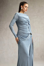 Load image into Gallery viewer, Tihila Long Sleeve Ruched Blue Maxi Dress