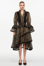 Load image into Gallery viewer, Uhren Resort Flowy V-Neck Long Sleeve Falbala Lace Woven Leopard Print Mini Dress