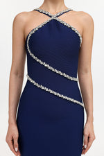 Load image into Gallery viewer, Kailani Classic Contour Halter Rhinestone Blue Bandage Maxi Dress