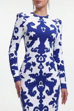 Load image into Gallery viewer, Round Neck Long Sleeve Jacquard Bandage Maxi Dress