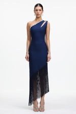 Load image into Gallery viewer, Fanya Elegant Contour One Shoulder Rhinestone Fringe Maxi Dress