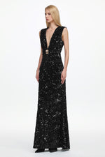 Load image into Gallery viewer, Chic Contour Sleeveless Deep V Metal Buckle Sequin Velvet Maxi Dress