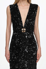 Load image into Gallery viewer, Chic Contour Sleeveless Deep V Metal Buckle Sequin Velvet Maxi Dress