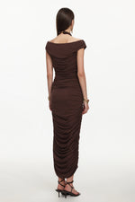 Load image into Gallery viewer, Devere Elegant Contour Sleeveless Ruched Knit Brown Maxi Dress