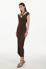 Load image into Gallery viewer, Devere Elegant Contour Sleeveless Ruched Knit Brown Maxi Dress