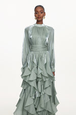 Load image into Gallery viewer, Grasa Elegant Flowy Long Sleeve Pleated Ruffle Maxi Dress