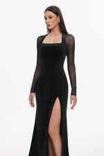 Load image into Gallery viewer, Rae Elegant Contour Long Sleeve High Slit Velvet Maxi Dress