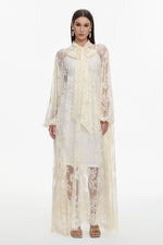 Load image into Gallery viewer, Deliyn Resort Flowy Long Sleeve Embroidered Mesh Lace Yellow Maxi Dress