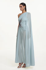 Load image into Gallery viewer, Kaylee Elegant Flowy One Shoulder Sequin Embroidered Ruched Mesh Maxi Dress