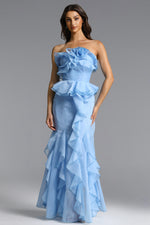 Load image into Gallery viewer, Deirdre Romantic Flowy Strapless Asymmetric Ruffle Floral Maxi Dress