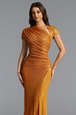 Load image into Gallery viewer, Pora Chic Contour Asymmetric Ruched Crystal Knit Maxi Dress