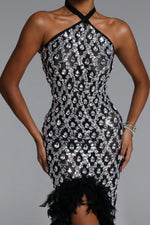 Load image into Gallery viewer, Raola Glamorous Contour Halter Rhinestone Sequin Feather Maxi Dress