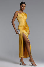 Load image into Gallery viewer, Marcella Chic Contour Asymmetrical Pleated Satin Maxi Dress