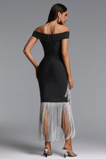 Load image into Gallery viewer, Tata Chic Contour Off Shoulder Fringe Bandage Maxi Dress