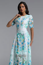 Load image into Gallery viewer, Pillose Resort Cinched Round Neck Short Sleeve Floral Print Lace Green Maxi Dress