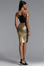 Load image into Gallery viewer, Racy Chic Contour Off Shoulder Metallic Bandage Mini Dress