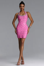Load image into Gallery viewer, Manik Glamorous Contour Halter Rhinestone Bandage Pink Mini Dress