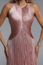 Load image into Gallery viewer, Taye Classic Contour Halter Fringe Bandage Pink Maxi Dress