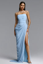 Load image into Gallery viewer, Tazeda Elegant Contour Strapless Ruched Mesh Maxi Dress
