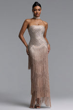 Load image into Gallery viewer, Nikki Elegant Contour Strapless Rhinestone Fringe Midi Dress
