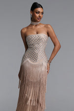 Load image into Gallery viewer, Nikki Elegant Contour Strapless Rhinestone Fringe Midi Dress