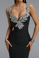 Load image into Gallery viewer, Lila Elegant Contour Spaghetti Strap V Neck Large Leaf Rhinestone Bandage Midi Dress
