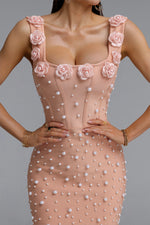 Load image into Gallery viewer, Shea Elegant Contour Square Neck Floral Pearl Bandage Beige Maxi Dress