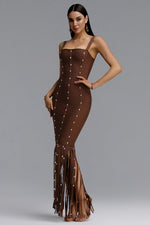 Load image into Gallery viewer, Leah Sleeveless Diamond Tassel Bandage Brown Maxi Dress