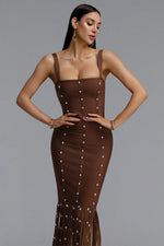 Load image into Gallery viewer, Leah Sleeveless Diamond Tassel Bandage Brown Maxi Dress