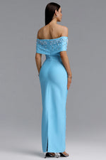 Load image into Gallery viewer, Isme Elegant Contour Off Shoulder Pearl Rhinestone Bandage Blue Maxi Dress