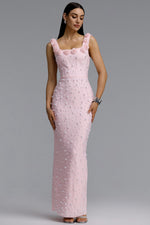 Load image into Gallery viewer, Shea Elegant Contour Square Neck Floral Pearl Bandage Pink Maxi Dress