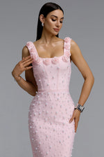 Load image into Gallery viewer, Shea Elegant Contour Square Neck Floral Pearl Bandage Pink Maxi Dress