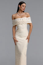 Load image into Gallery viewer, Isme Elegant Contour Off Shoulder Pearl Rhinestone Bandage Light Beige Maxi Dress