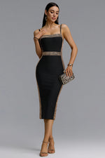 Load image into Gallery viewer, Lestie Minimalist Contour Straight Neck Gold Woven Bandage Midi Dress