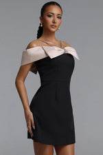 Load image into Gallery viewer, Zore Elegant Tailored Off Shoulder Rhinestone Bow Woven Mini Dress