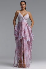 Load image into Gallery viewer, Yuni Resort Flowy Spaghetti Strap Lace Trimmed Asymmetric Ruffle Woven Maxi Dress