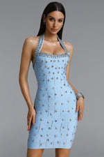 Load image into Gallery viewer, Manik Glamorous Contour Halter Rhinestone Blue Blue Bandage Mini Dress