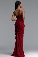 Load image into Gallery viewer, Tazeda Elegant Contour Strapless Ruched Mesh Red Maxi Dress