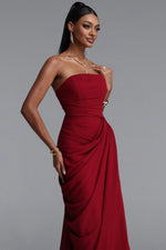 Load image into Gallery viewer, Tazeda Elegant Contour Strapless Ruched Mesh Red Maxi Dress