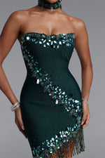 Load image into Gallery viewer, Ock Exquisite Fitted Sequin Rhinestone Beaded Fringe Mini Bandage Dress