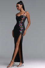 Load image into Gallery viewer, Gacia Elegant Fitted One Shoulder Color Rhinestone Slit Maxi Bandage Dress