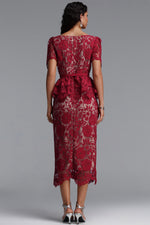 Load image into Gallery viewer, Quinn Elegant Cinched Short Sleeve Floral Lace Red Maxi Dress