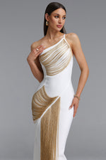 Load image into Gallery viewer, Roanna One Shoulder Sleeveless Golden Tassels Bandage White Maxi Dress