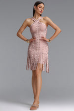 Load image into Gallery viewer, Sergio Sexy Cinched Waist Halter Metallic Decor Tassel Bandage Mini Dress